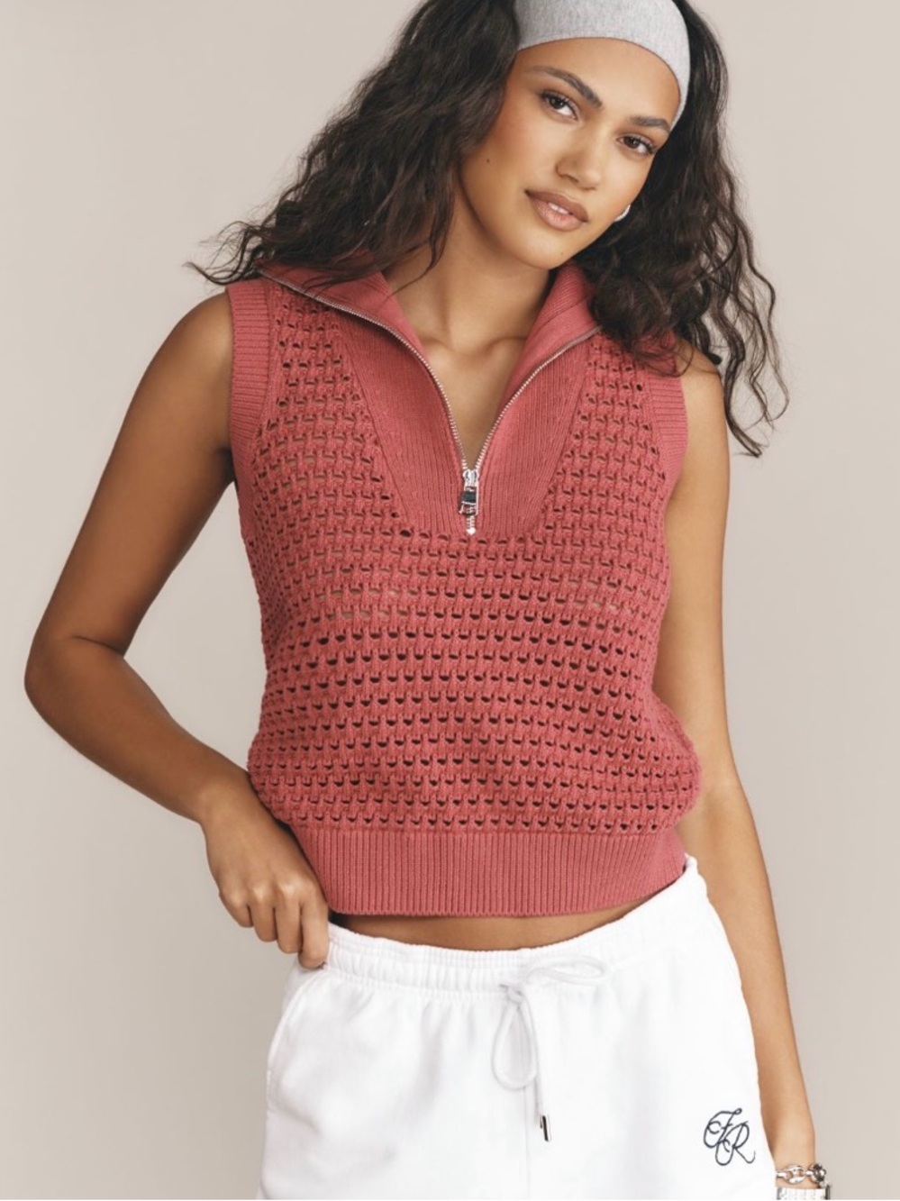 Varley Bains Rose-Pink Knit Half Zip Polo